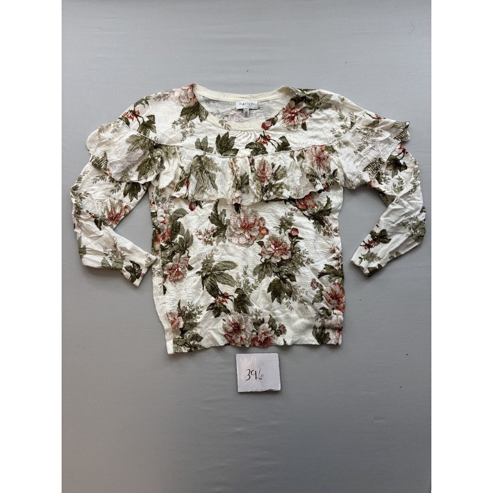 Harlyn Womens Floral Ruffle Textured Knit Top Long Sleeve Off-White Small